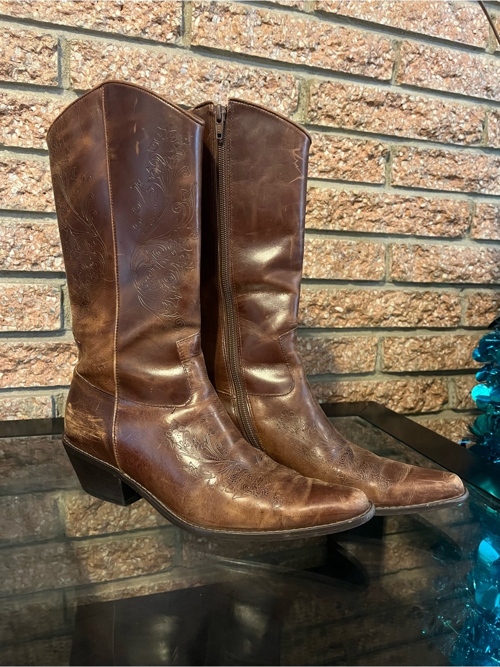 Women's Brown Leather Mid-Calf Western Heeled Boots